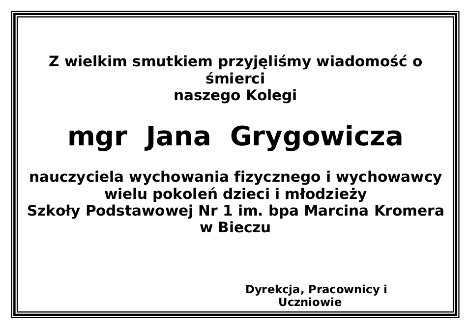 Nekrolog - śp Jan Grygowicz
